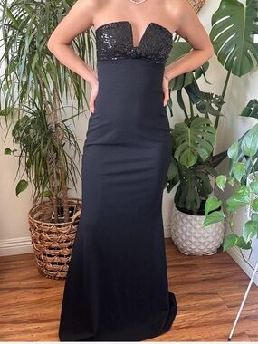 Strapless Black Sequin Bust Evening Dress